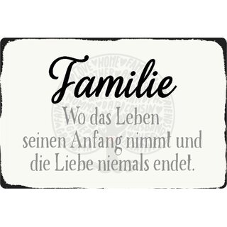 Schild Spruch "Familie, wo Leben Anfang, Liebe niemals endet" 20 x 30 cm Blechschild