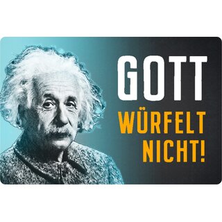 Schild Spruch "Gott würfelt nicht" Einstein blau 20 x 30 cm Blechschild