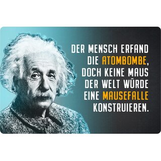 Schild Spruch "Mensch Atombombe, Maus Mausefalle" Einstein blau 20 x 30 cm Blechschild