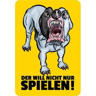 Schild Spruch Der will nicht nur spielen Hund 20 x 30 cm Blechschild
