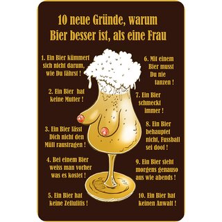 Schild Spruch "10 Gründe warum Bier besser ist als Frau" 20 x 30 cm Blechschild
