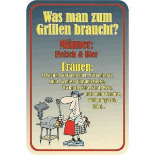 Schild Spruch "Grillen Männer Fleisch Bier, Frauen Salat Wein" 20 x 30 cm Blechschild