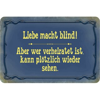 Schild Spruch "Liebe macht blind, verheiratet kann sehen" 20 x 30 cm Blechschild