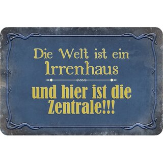 Schild Spruch "Welt ist Irrenhaus, hier Zentrale" 20 x 30 cm Blechschild