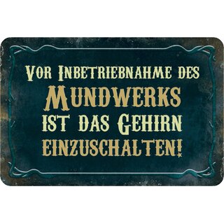 Schild Spruch "Vor Inbetriebnahme Mundwerks Gehirn einzuschalten" 20 x 30 cm Blechschild