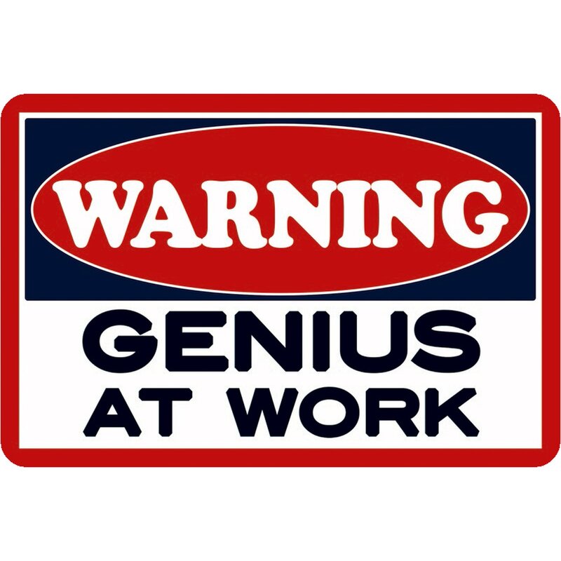 Segno di metallo Warning! Genius at Work | Targhe vintage in metallo da collezione
