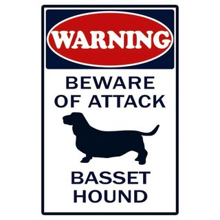 Schild Spruch "Warning, beware of attack, Basset Hound" Hund 20 x 30 cm Blechschild