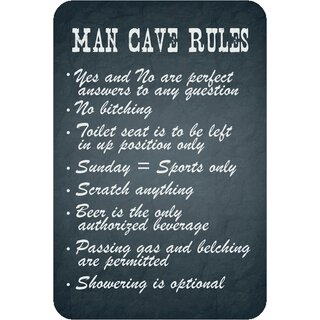 Schild Spruch "Man cave rules, Sports only, Beer, Showering" 20 x 30 cm Blechschild