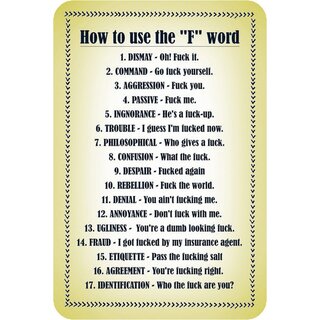Schild Spruch "How to use the F word" 20 x 30 cm Blechschild