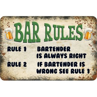 Schild Spruch "Bar Rules, Bartender always right" Bar Barkeeper 20 x 30 cm Blechschild