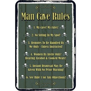 Schild Spruch "Man cave rules, no sitting in my spot" Männer Höhle 20 x 30 cm Blechschild