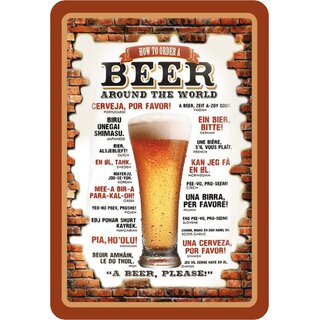 Schild Spruch "How to order a beer around the world, beer please" Ziegelsteine 20 x 30 cm Blechschild