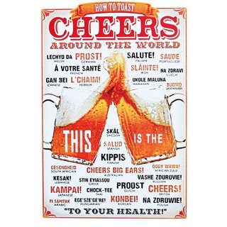Schild Spruch "How to toast cheers around the world" Bier 20 x 30 cm Blechschild