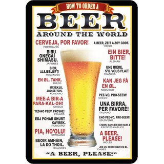 Schild Spruch "How to order a beer around the world" schwarzer Rahmen 20 x 30 cm Blechschild