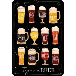 Schild Spruch "Types of beer, Dark Lager, Wheat Cider, Porter" schwarz 20 x 30 cm Blechschild