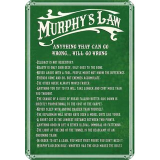 Schild Spruch "Murphys law, anything can go wrong will" 20 x 30 cm Blechschild