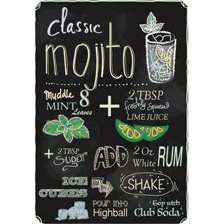 Schild Cocktailrezept "Classic mojito, mint lime juice sugar rum" 20 x 30 cm Blechschild