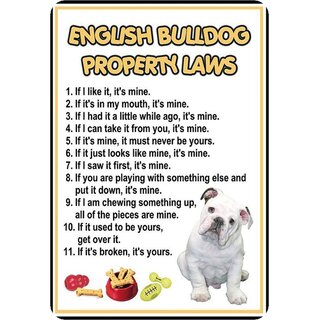 Schild Spruch English Bulldog property laws Hund Regeln 20 x 30 cm Blechschild 