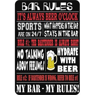 Schild Spruch "Bar rules, my bar, always beer o clock" 20 x 30 cm Blechschild 
