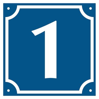 Hausnummer 1 blau/weiß, Aluminium geprägt, 120 x 120 mm