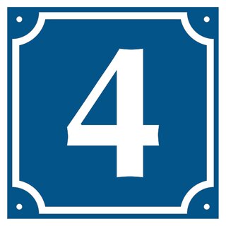 Hausnummer 4 blau/weiß, Aluminium geprägt, 120 x 120 mm