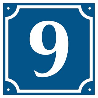 Hausnummer 9 blau/weiß, Aluminium geprägt, 120 x 120 mm