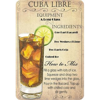 Schild Cocktailrezept "Cuba Libre Equipment, Ingredients, Mix" 20 x 30 cm Blechschild