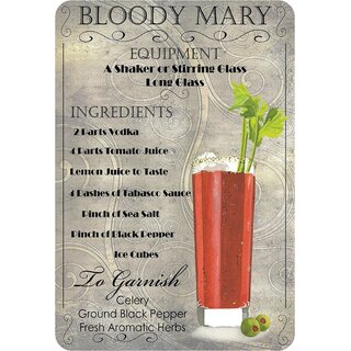 Schild Cocktailrezept "Bloody Mary, Equipment, Ingredients" 20 x 30 cm Blechschild