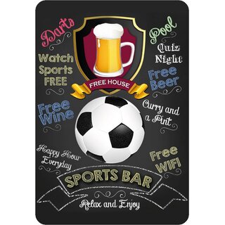 Schild Spruch "Sports Bar, relax and enjoy, Beer free house" Fußball 20 x 30 cm Blechschild