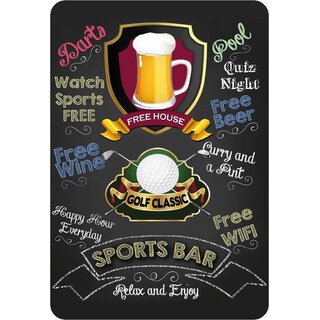 Schild Spruch "Sports Bar, relax and enjoy, Beer free house" Golf 20 x 30 cm Blechschild