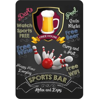 Schild Spruch "Sports Bar, relax and enjoy, Beer free house" Bowling 20 x 30 cm Blechschild
