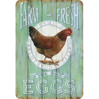 Schild Spruch "Farm Fresh Eggs, free range 1927" 20 x 30 cm Blechschild