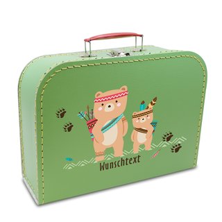 Spielzeugkoffer Kinderkoffer Pappe hellgrün mit Bären und Wunschtext 35 cm