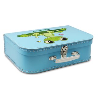 Kinder Spielkoffer Kinderkoffer Pappe blau mit Frosch und Wunschtext 20 cm