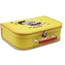 Spielzeugkoffer Kinderkoffer Pappe gelb mit Waschbär und Wunschtext 16 cm