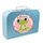 Spielzeugkoffer Kinderkoffer Pappe blau mit Frosch, Blumenborde und Wunschtext