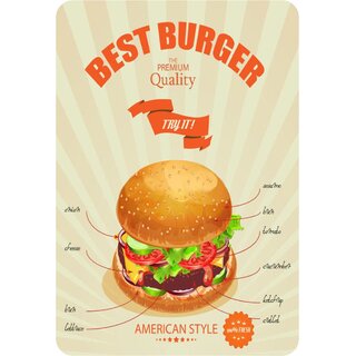 Schild Spruch "Best Burger, The Premium Quality, try it American Style" 20 x 30 cm Blechschild