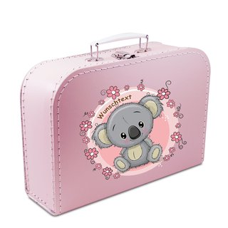 Spielzeugkoffer Kinderkoffer Pappe rosa mit Koala, Blumenborde und Wunschtext 16 cm