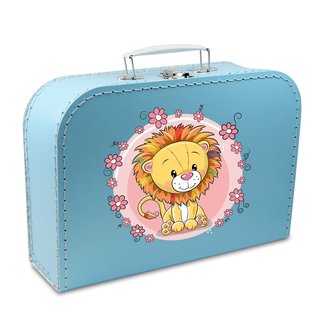 Kinder Spielkoffer Kinderkoffer Pappe blau mit Löwe und Blumenborde