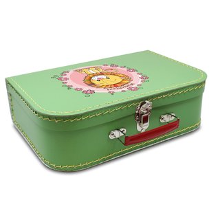 Spielzeugkoffer Kinderkoffer Pappe hellgrün mit Löwe, Blumenborde und Wunschtext