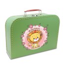 Spielzeugkoffer Kinderkoffer Pappe hellgrün mit Löwe, Blumenborde und Wunschtext 16 cm