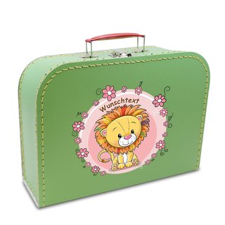 Spielzeugkoffer Kinderkoffer Pappe hellgrün mit Löwe, Blumenborde und Wunschtext 45 cm