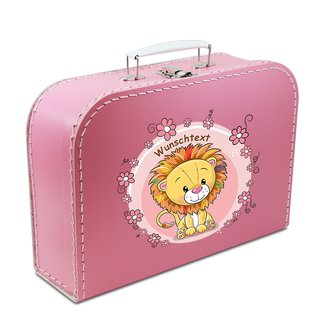 Spielzeugkoffer Kinderkoffer Pappe pink mit Löwe, Blumenborde und Wunschtext