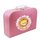 Spielzeugkoffer Kinderkoffer Pappe pink mit Löwe, Blumenborde und Wunschtext 25 cm