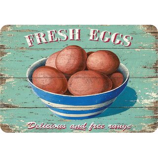 Schild Spruch "Fresh Eggs, Delicious and free range" 20 x 30 cm Blechschild