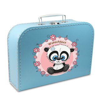 Spielzeugkoffer Kinderkoffer Pappe blau mit Panda, Blumenborde und Wunschtext 25 cm