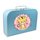 Spielzeugkoffer Kinderkoffer Pappe blau mit Tiger, Blumenborde und Wunschtext