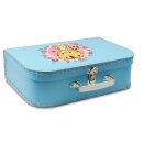 Spielzeugkoffer Kinderkoffer Pappe blau mit Tiger, Blumenborde und Wunschtext 16 cm