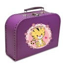Spielzeugkoffer Kinderkoffer Pappe violett mit Tiger, Blumenborde und Wunschtext 45 cm