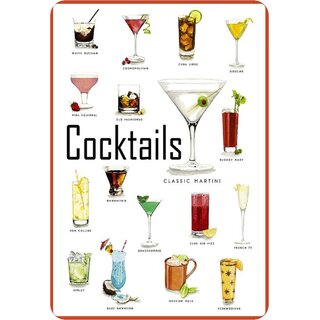 Schild Spruch "Cocktails, Classic Martini, Bloody Mary" 20 x 30 cm Blechschild